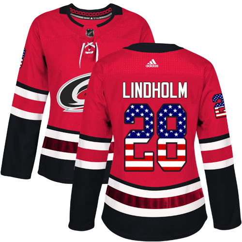 Adidas Hurricanes #28 Elias Lindholm Red Home Authentic USA Flag Women's Stitched NHL Jersey